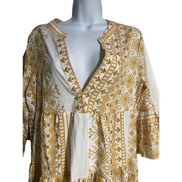 Geometric Print Tiered Boho Dress With 3/4 Bell Sleeves Size M Semi Sheer - Picture 2 of 7